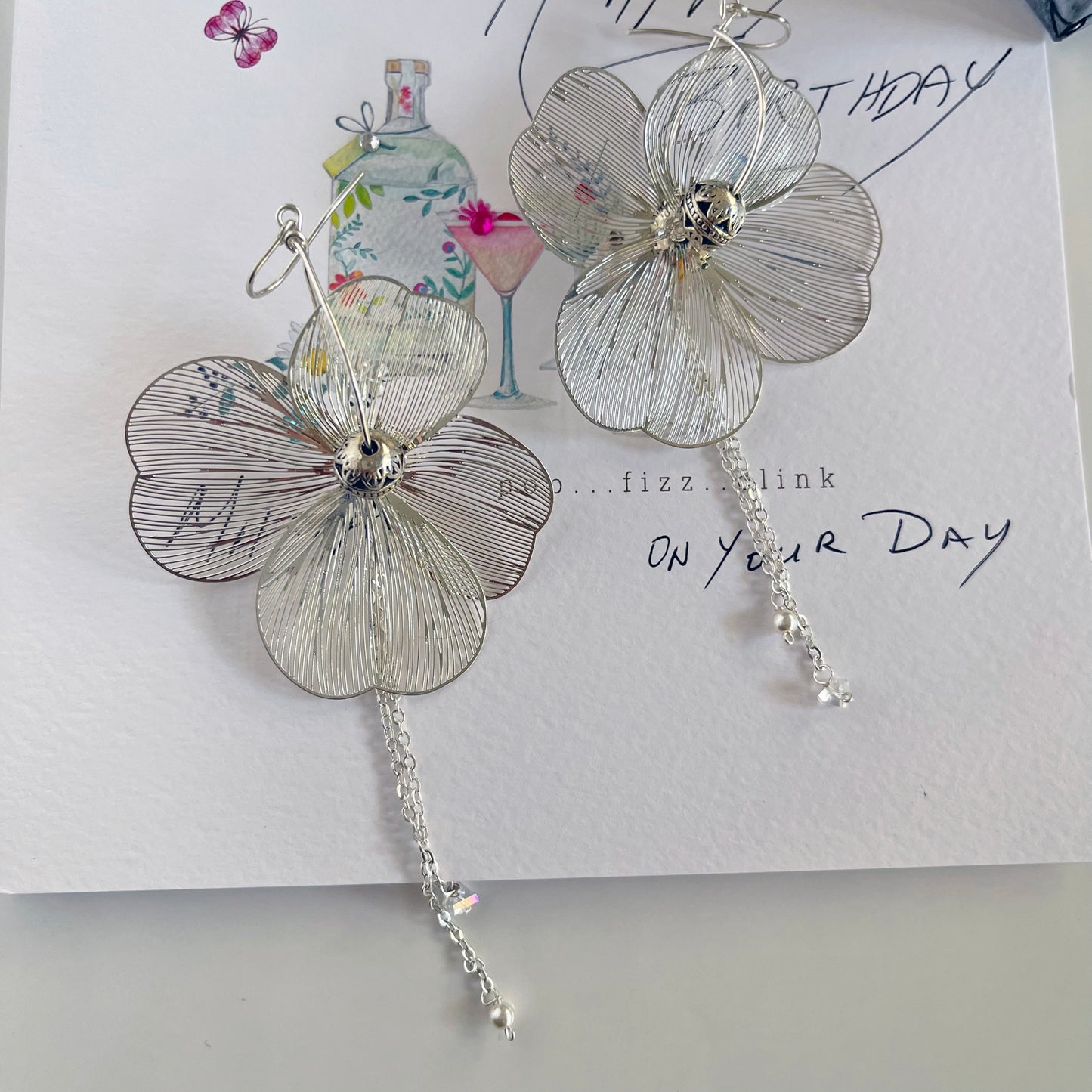 Large Silver Filigree Flower Earrings withMetalic Beads & Draping Chains
