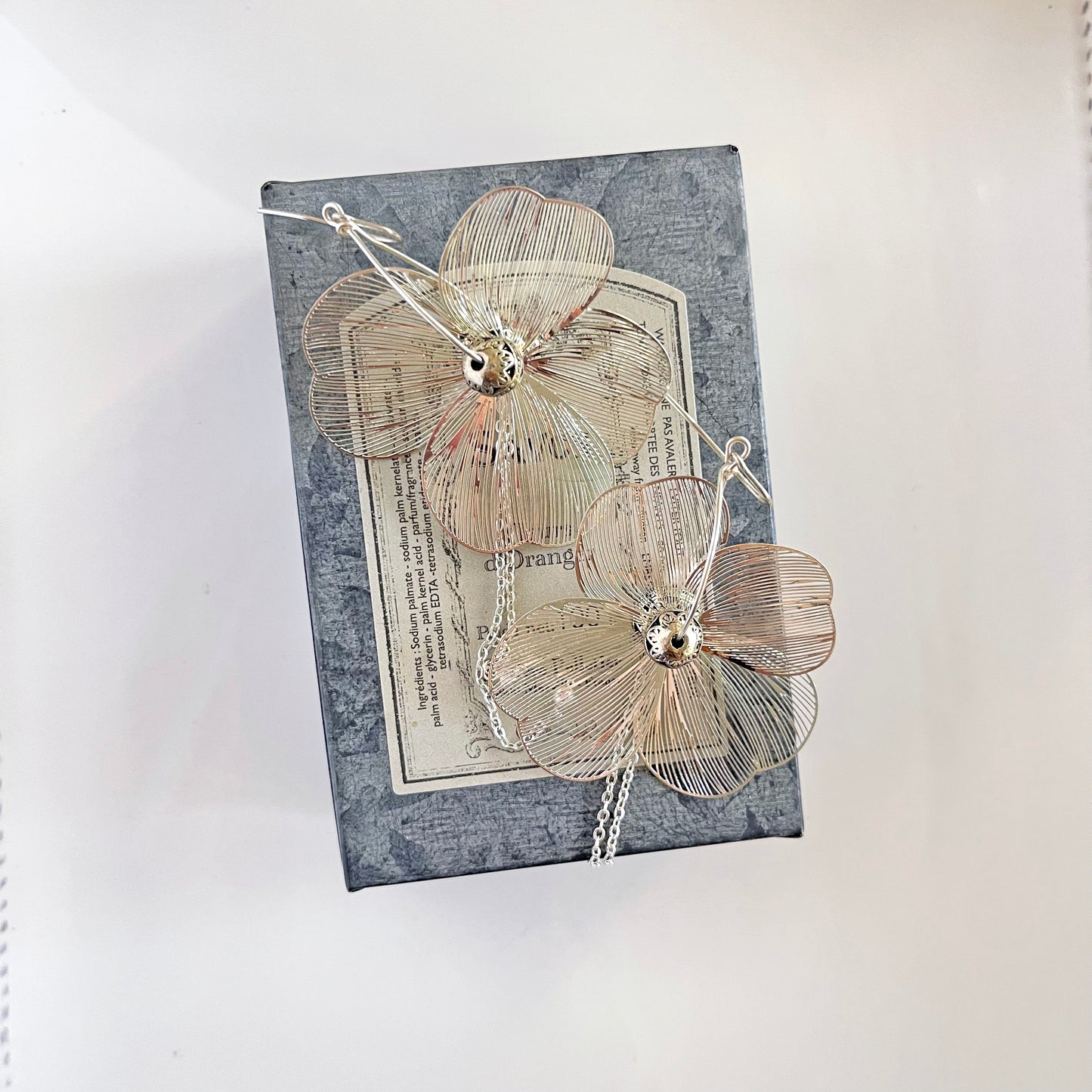 Large Silver Filigree Flower Earrings withMetalic Beads & Draping Chains