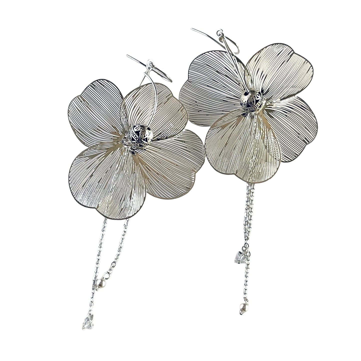 Large Silver Filigree Flower Earrings withMetalic Beads & Draping Chains