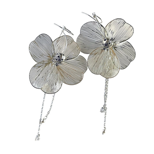 Large Silver Filigree Flower Earrings withMetalic Beads & Draping Chains