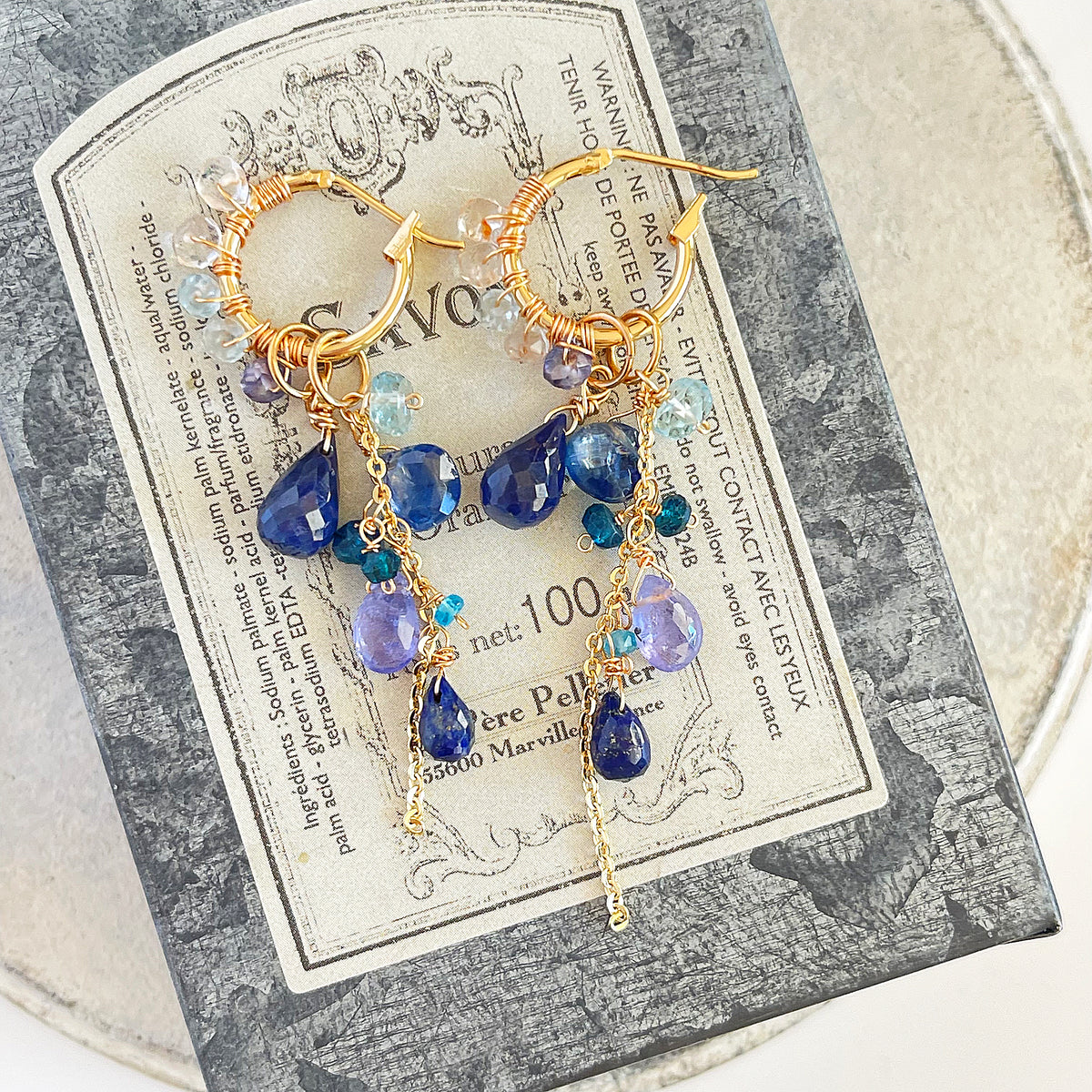 Convertible Gemstone Cluster Hoop Series, Blue Sapphire, Tanzanite & Kyanite Convertible Gemstone Cluster Hoop Earrings