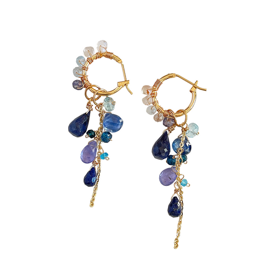 Convertible Gemstone Cluster Hoop Series, Blue Sapphire, Tanzanite & Kyanite Convertible Gemstone Cluster Hoop Earrings