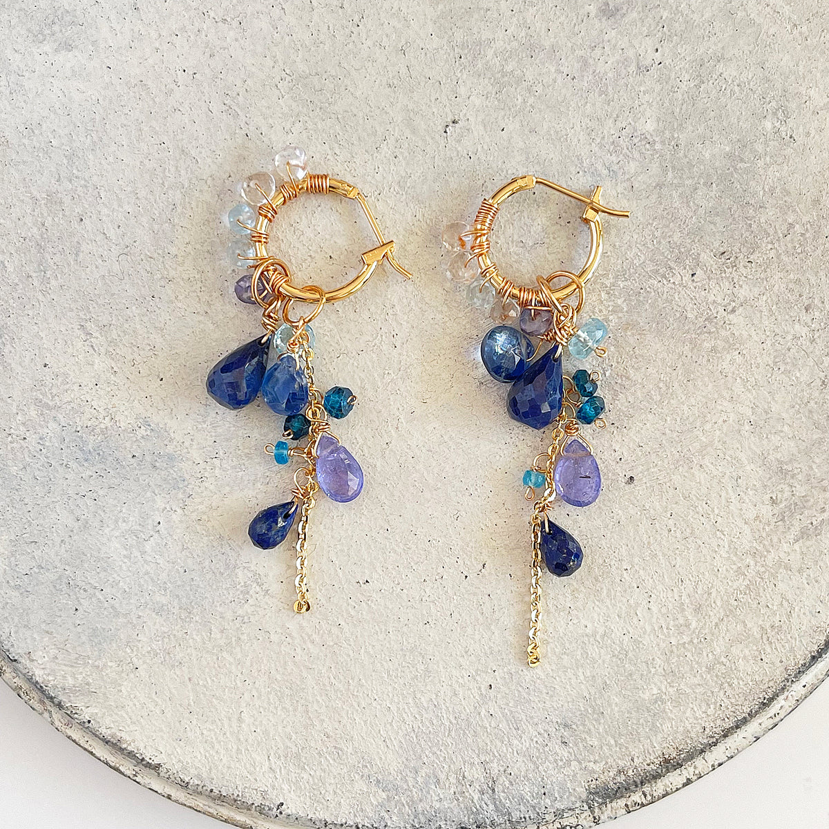 Convertible Gemstone Cluster Hoop Series, Blue Sapphire, Tanzanite & Kyanite Convertible Gemstone Cluster Hoop Earrings