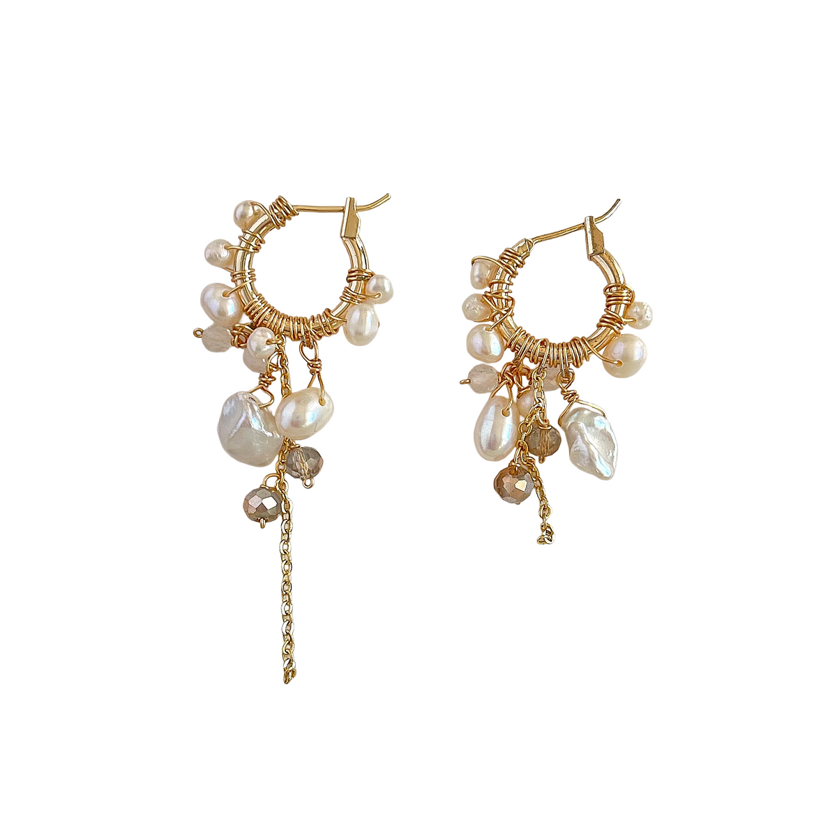 Keshi & Freshwater Pearl Cluster Gold Hoop Earrings