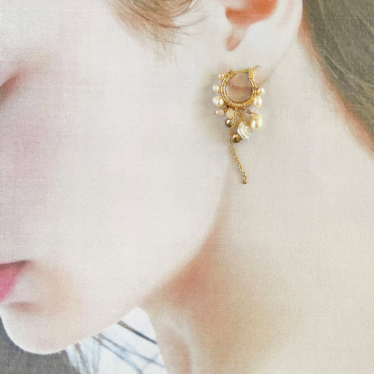 Keshi & Freshwater Pearl Cluster Gold Hoop Earrings