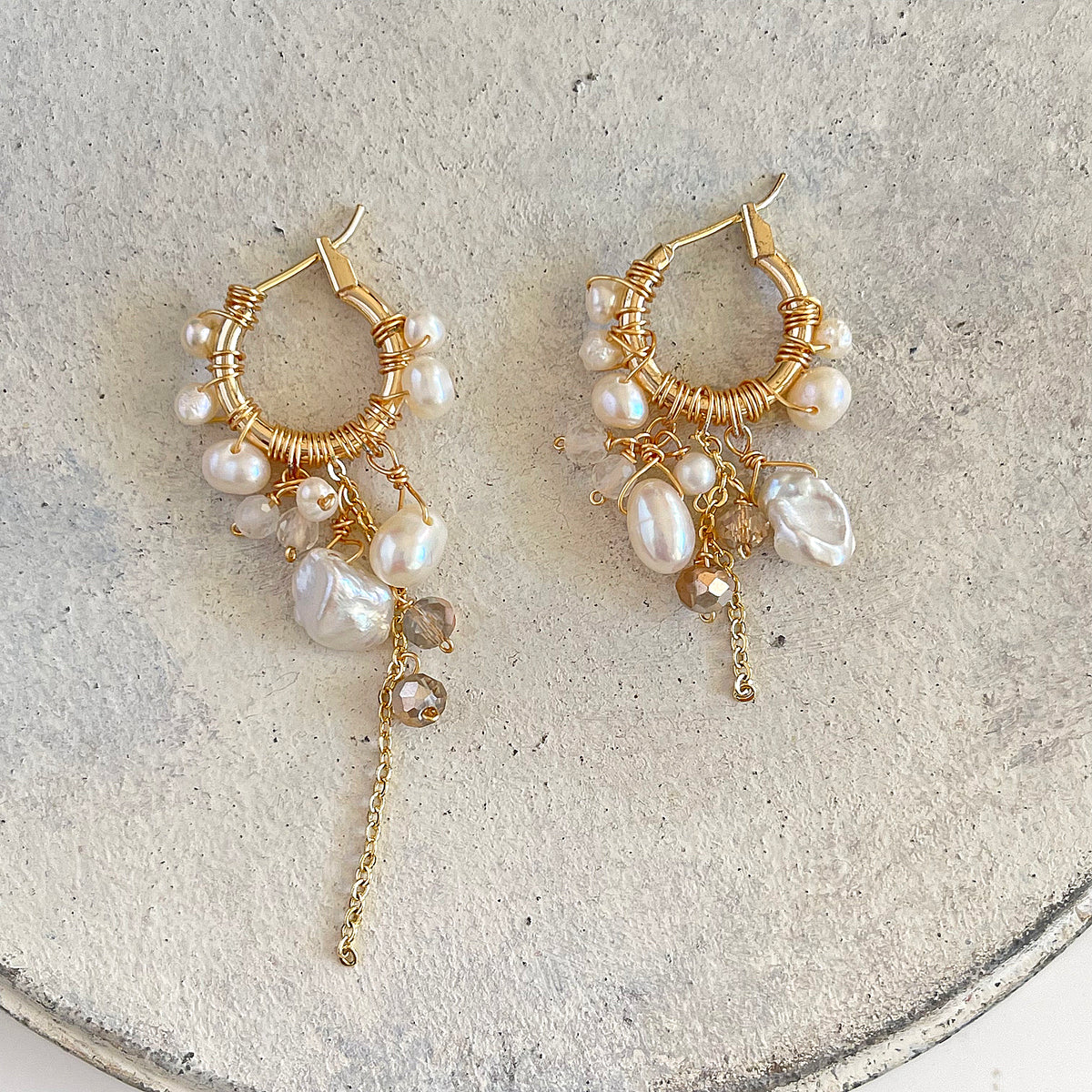 Keshi & Freshwater Pearl Cluster Gold Hoop Earrings