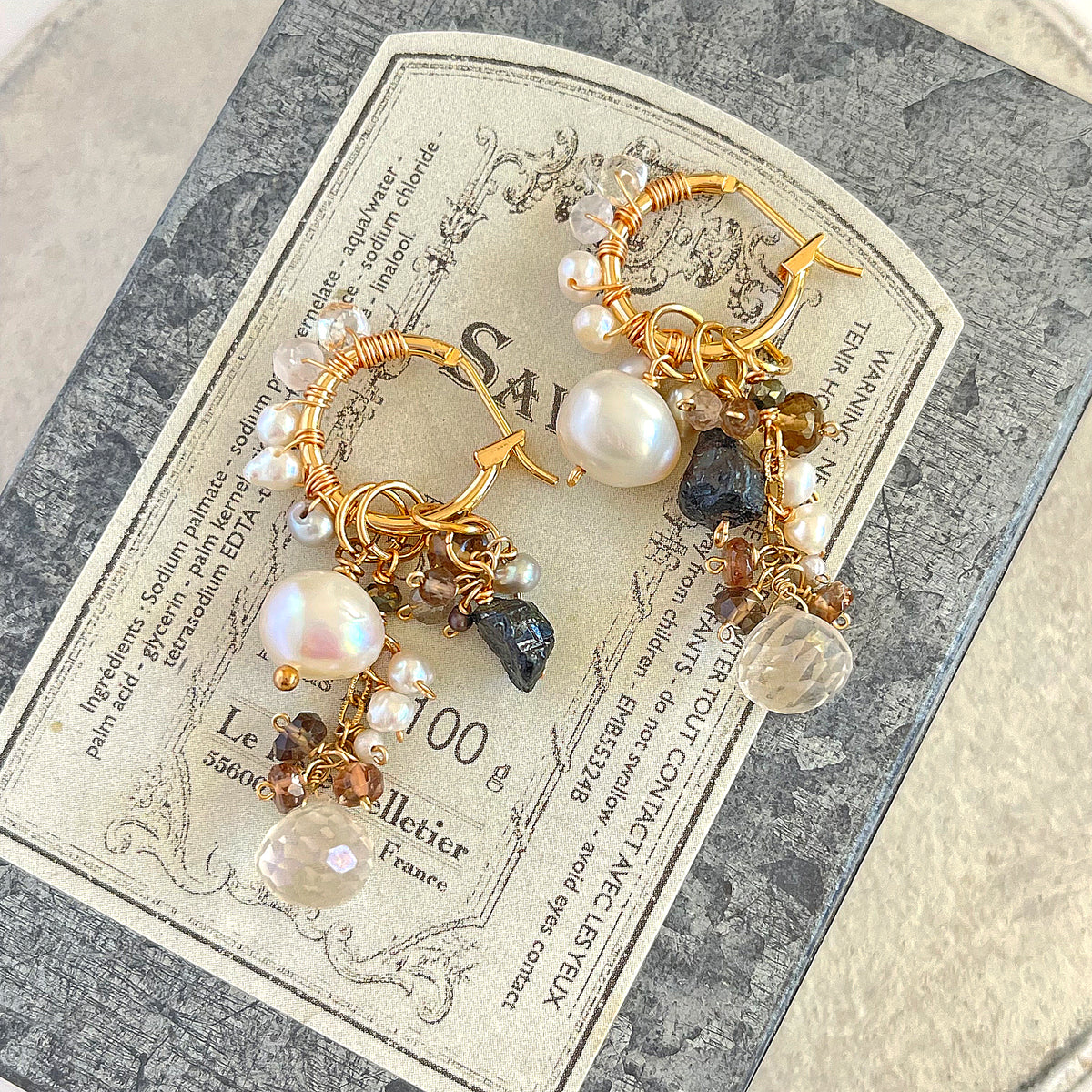 Convertible Gemstone Cluster Hoop Series, Pearl, Silky Quartz & Black Tourmaline Convertible Gemstone Cluster Hoop Earrings