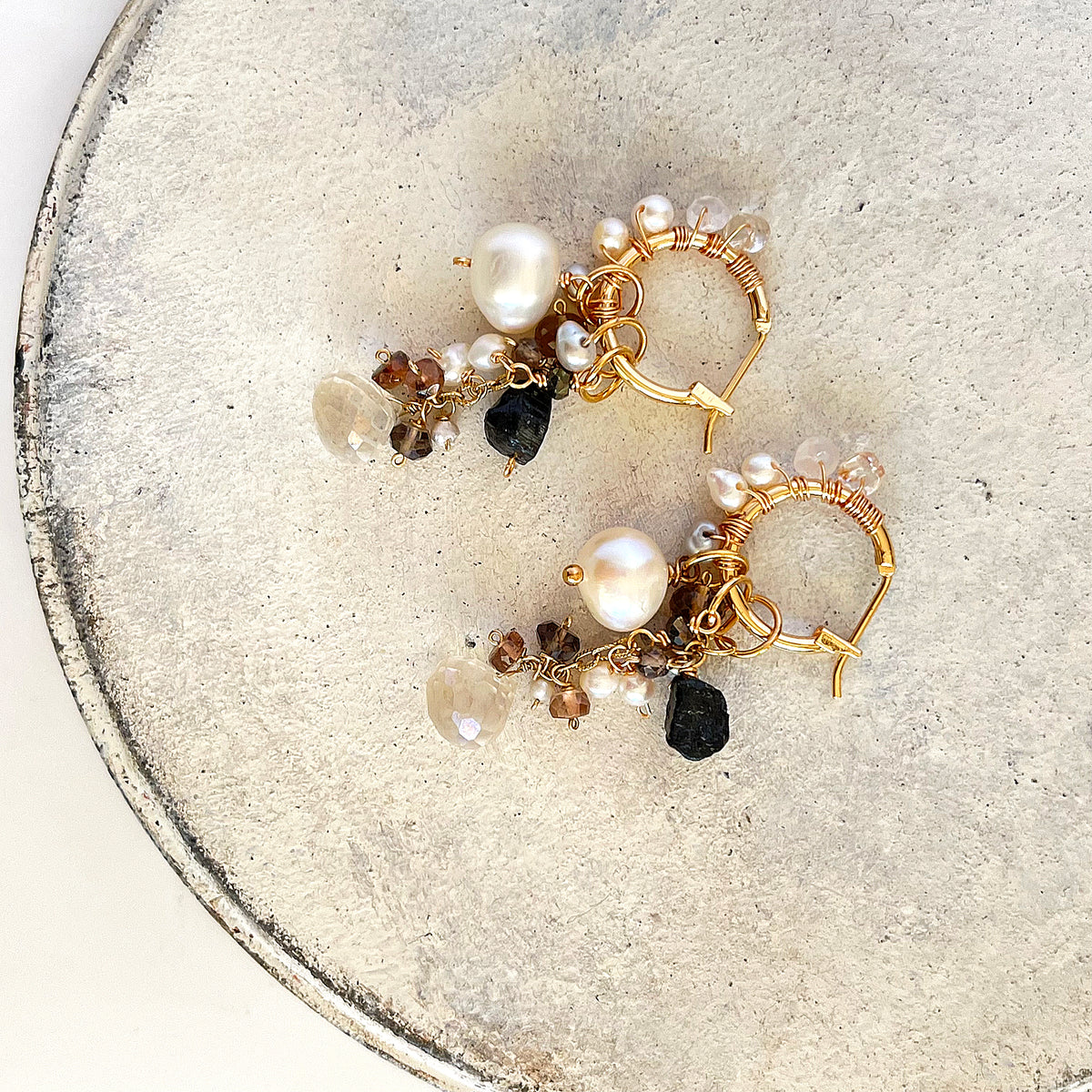 Convertible Gemstone Cluster Hoop Series, Pearl, Silky Quartz & Black Tourmaline Convertible Gemstone Cluster Hoop Earrings