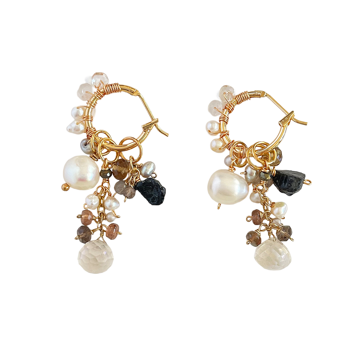 Convertible Gemstone Cluster Hoop Series, Pearl, Silky Quartz & Black Tourmaline Convertible Gemstone Cluster Hoop Earrings