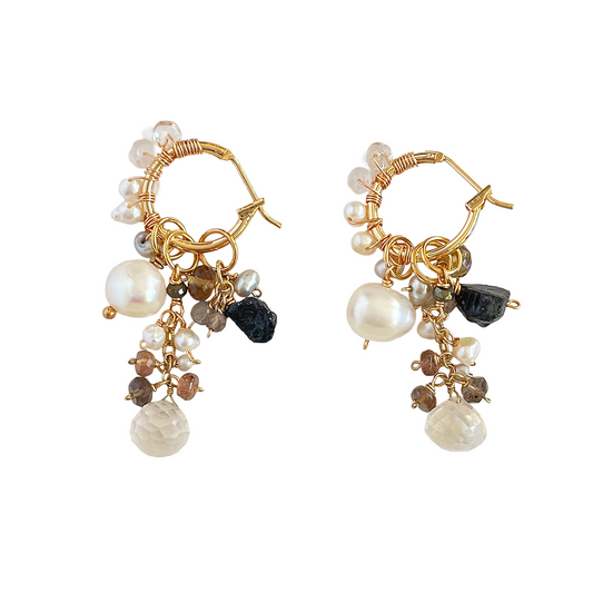 Convertible Gemstone Cluster Hoop Series, Pearl, Silky Quartz & Black Tourmaline Convertible Gemstone Cluster Hoop Earrings