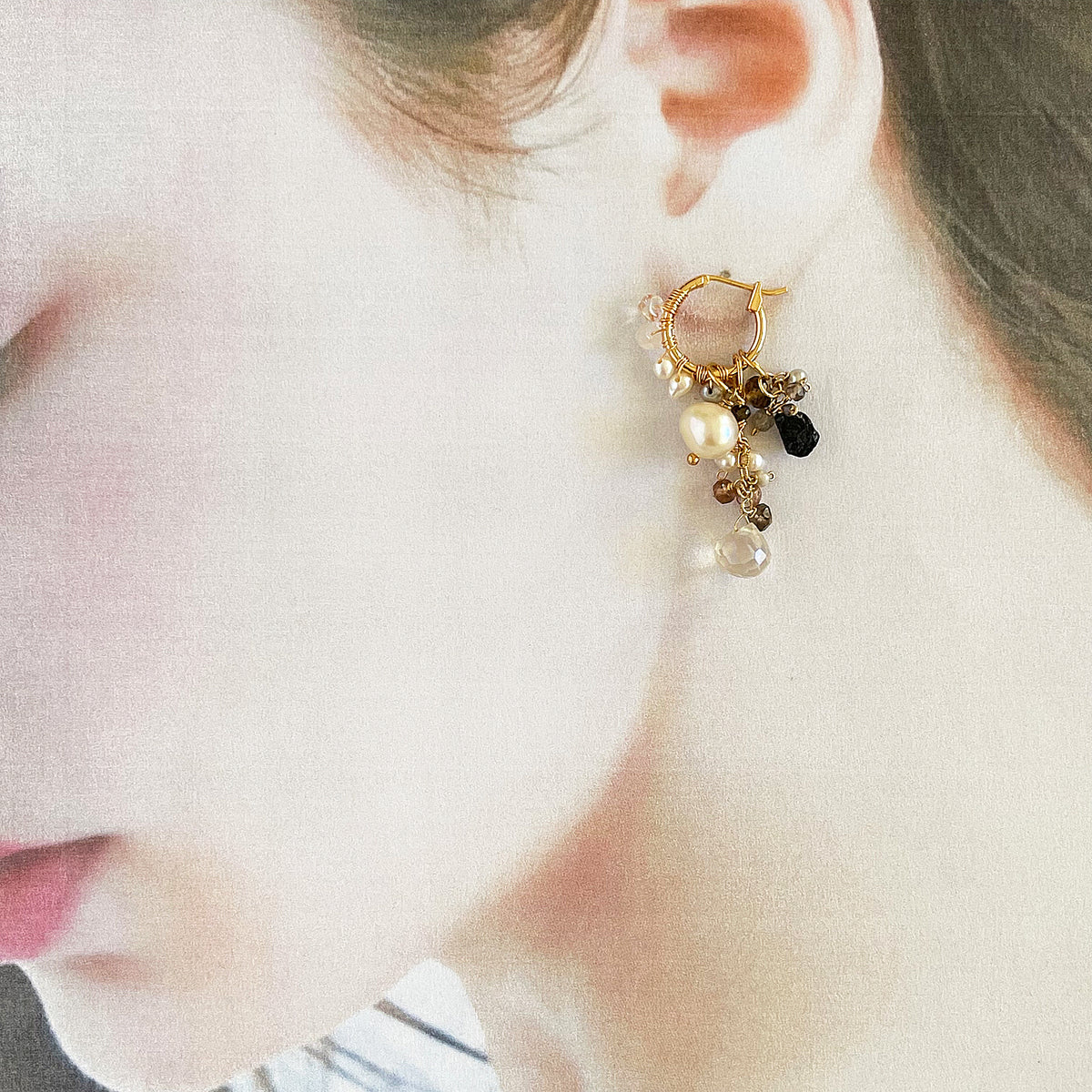 Convertible Gemstone Cluster Hoop Series, Pearl, Silky Quartz & Black Tourmaline Convertible Gemstone Cluster Hoop Earrings