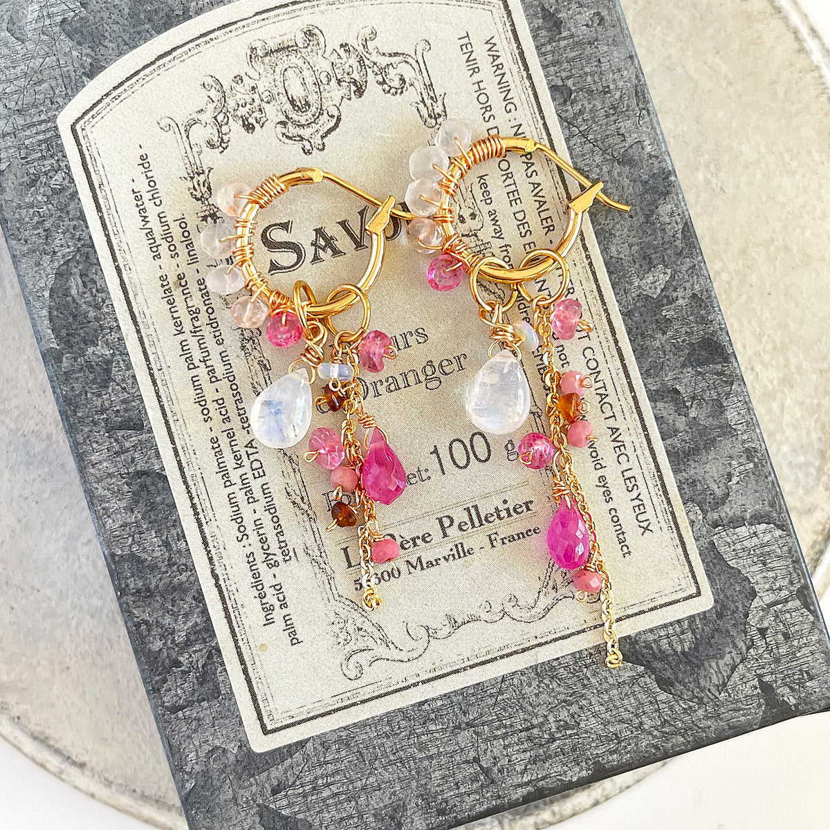 Convertible Gemstone Cluster Hoop Series, Pink Sapphire & Moonstone Gemstone Cluster