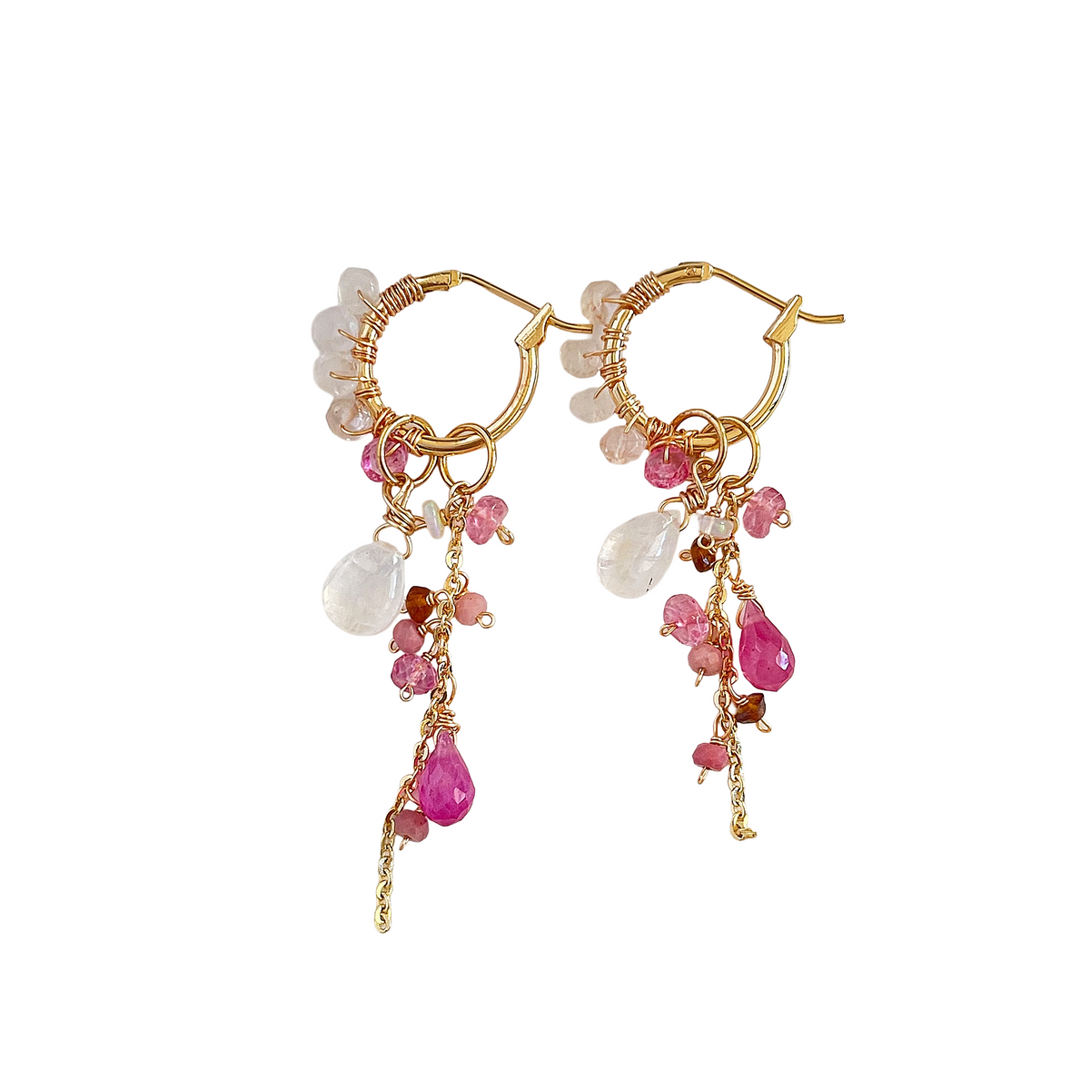 Convertible Gemstone Cluster Hoop Series, Pink Sapphire & Moonstone Gemstone Cluster