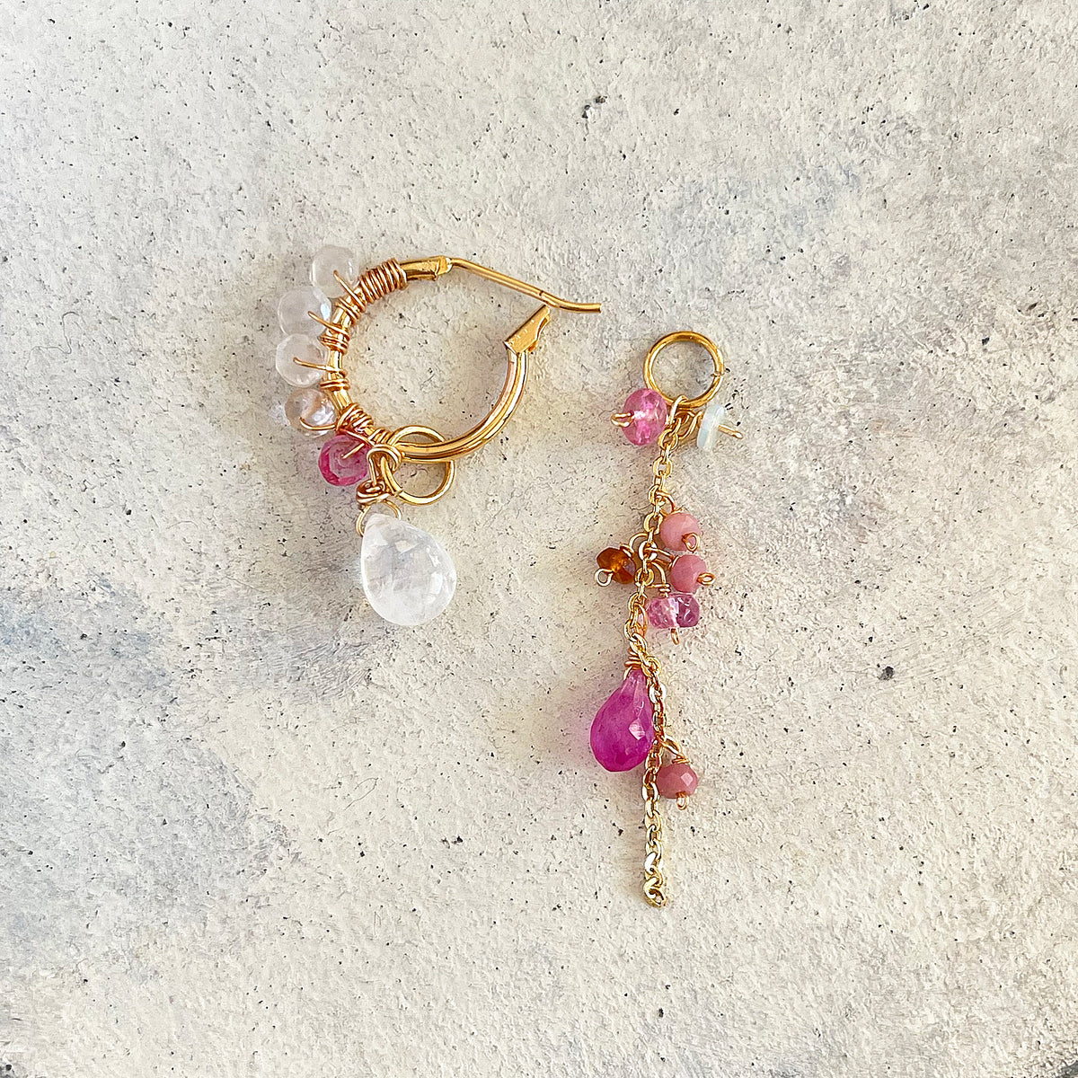 Convertible Gemstone Cluster Hoop Series, Pink Sapphire & Moonstone Gemstone Cluster