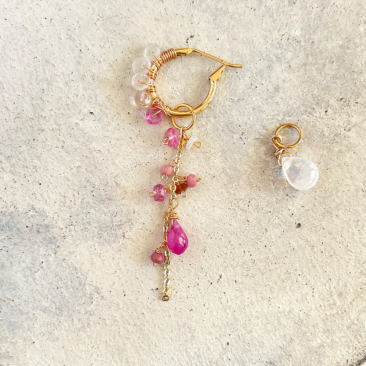 Convertible Gemstone Cluster Hoop Series, Pink Sapphire & Moonstone Gemstone Cluster