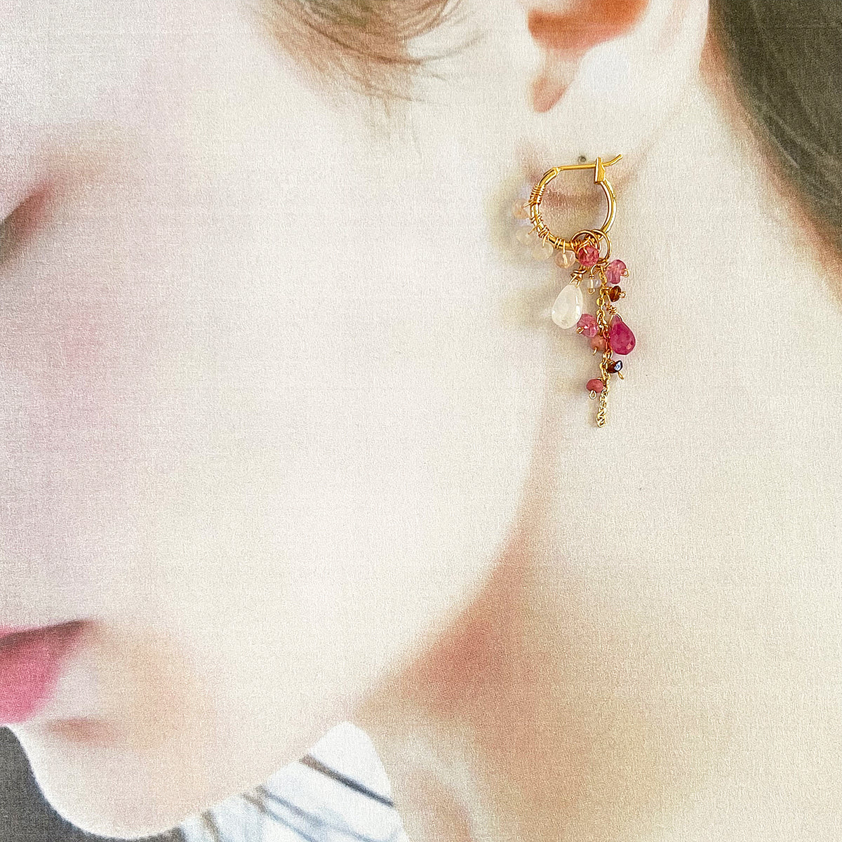 Convertible Gemstone Cluster Hoop Series, Pink Sapphire & Moonstone Gemstone Cluster