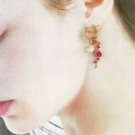 Convertible Gemstone Cluster Hoop Series, Pink Sapphire & Moonstone Gemstone Cluster