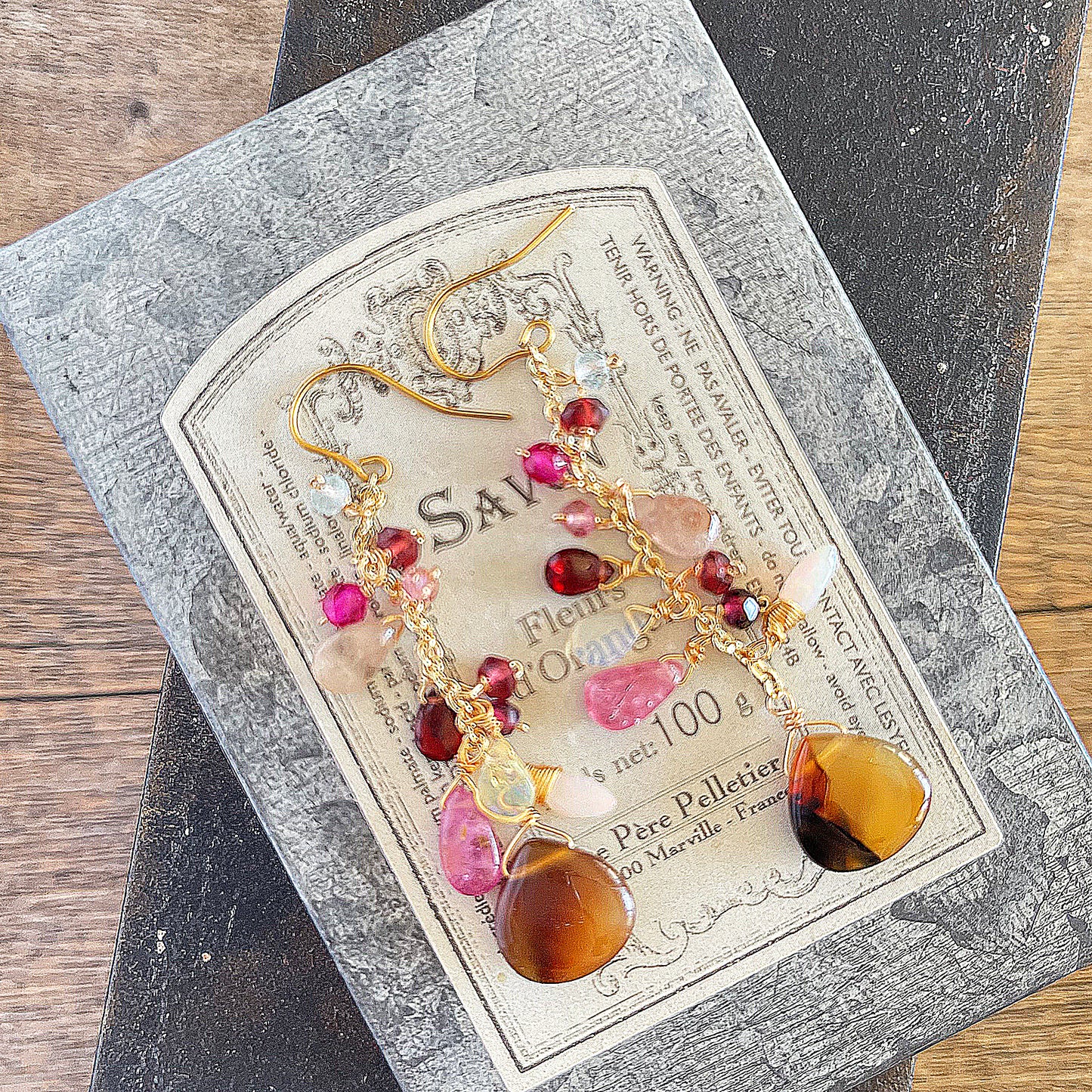 Montana Agate & Pink Sapphire Chandelier Earrings　14K Gold Filled