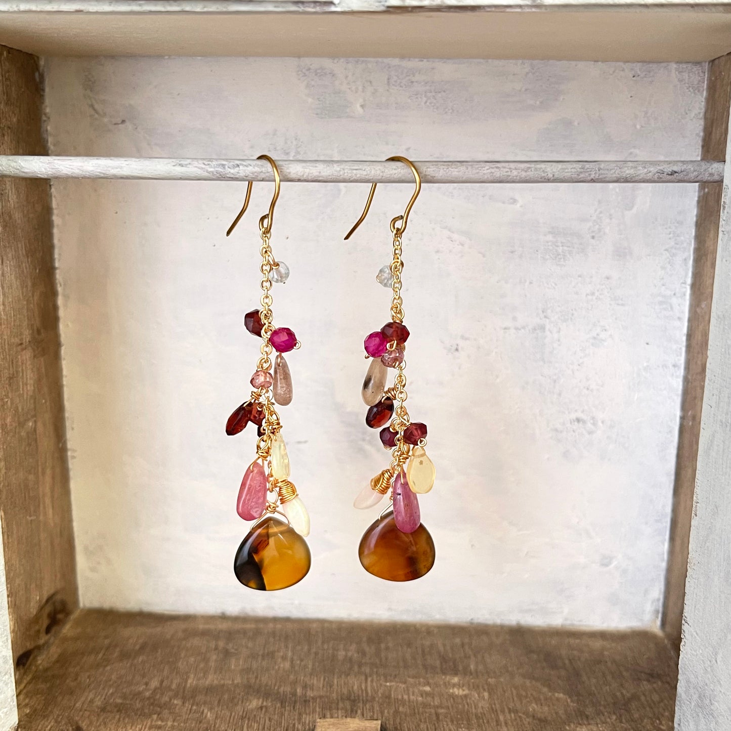 Montana Agate & Pink Sapphire Chandelier Earrings　14K Gold Filled
