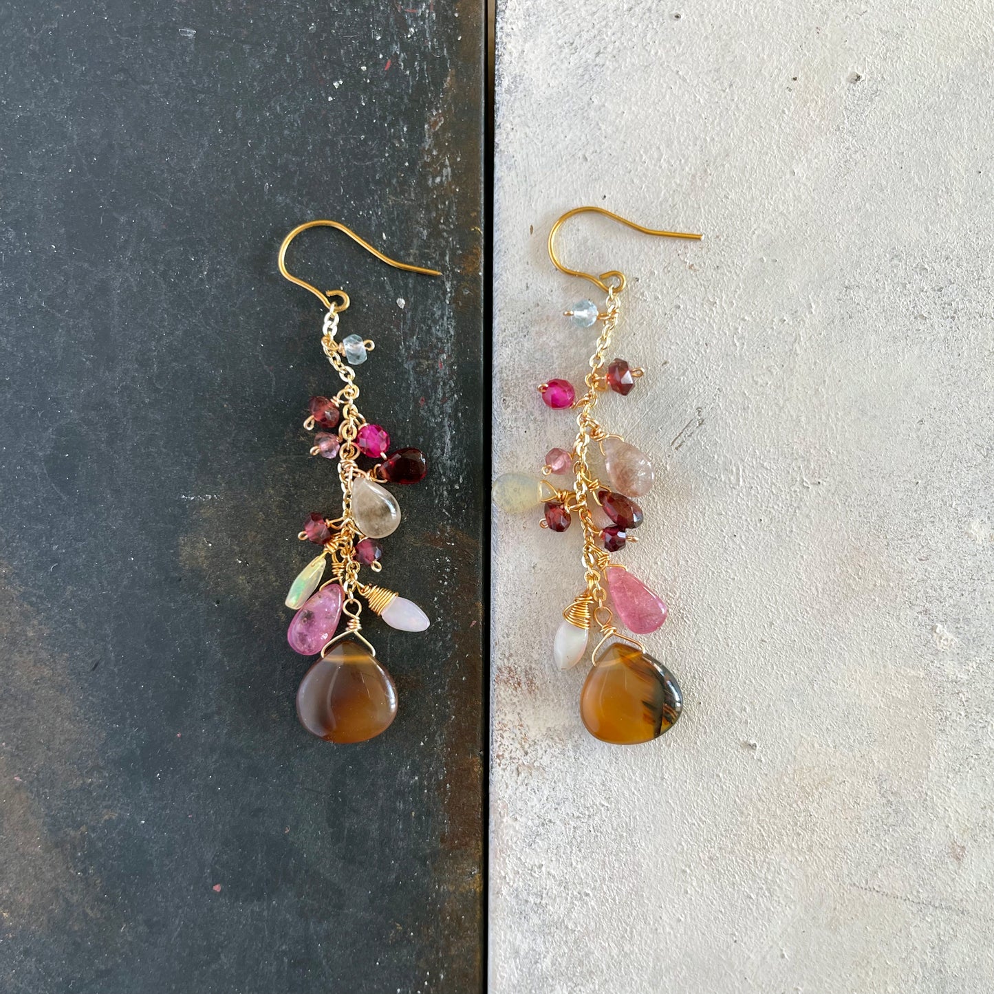 Montana Agate & Pink Sapphire Chandelier Earrings　14K Gold Filled