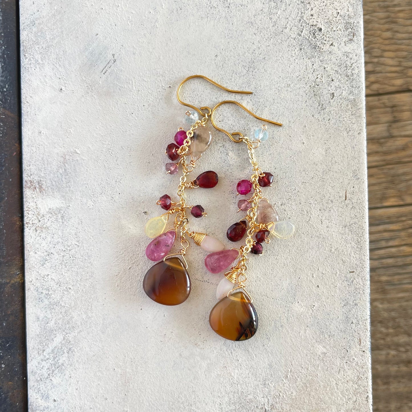 Montana Agate & Pink Sapphire Chandelier Earrings　14K Gold Filled