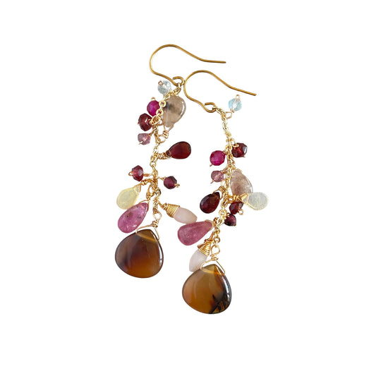 Montana Agate & Pink Sapphire Chandelier Earrings　14K Gold Filled