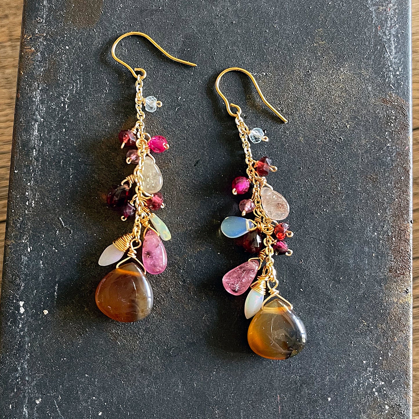Montana Agate & Pink Sapphire Chandelier Earrings　14K Gold Filled