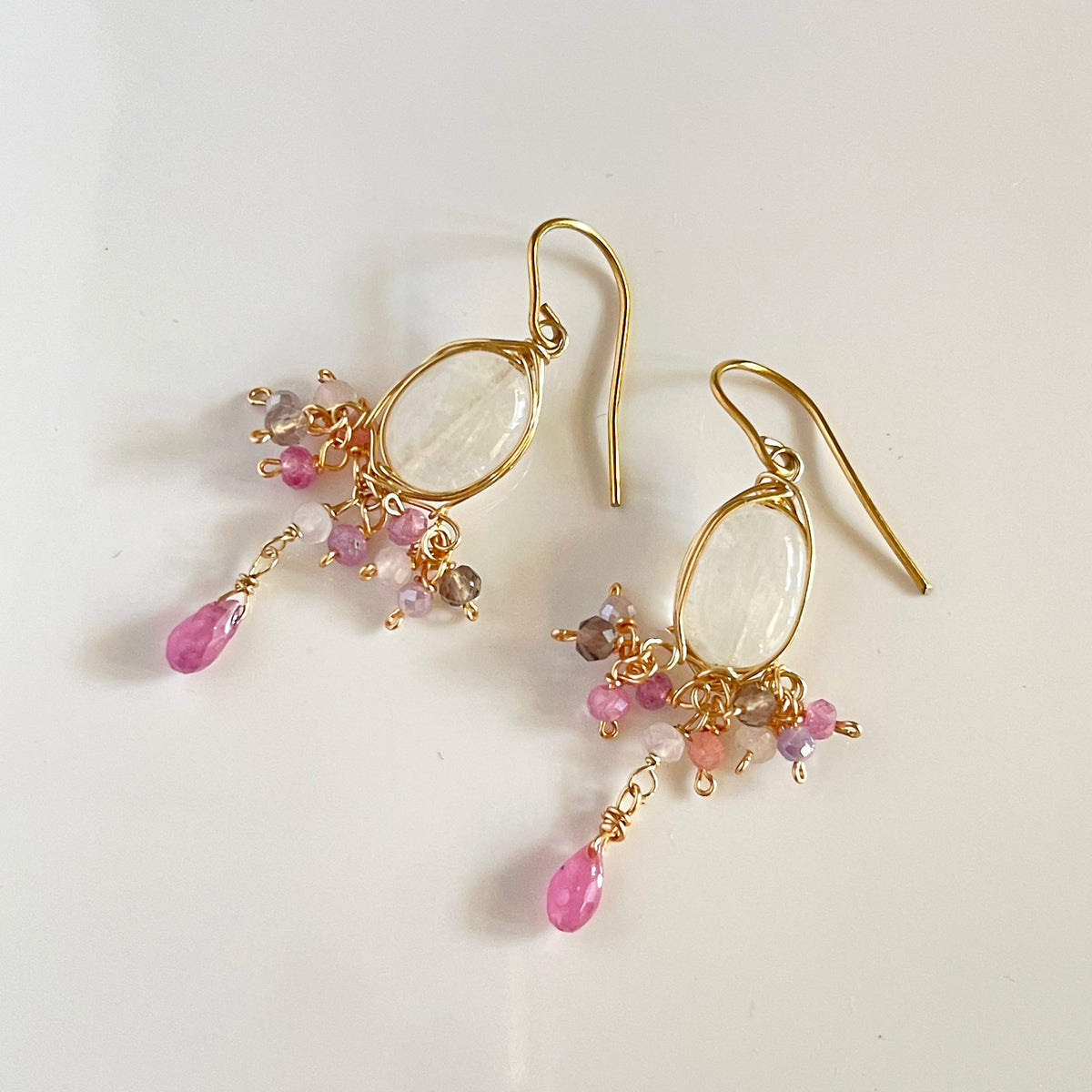 Rainbow Moonstone & Pink Sapphire Chandelier Earrings