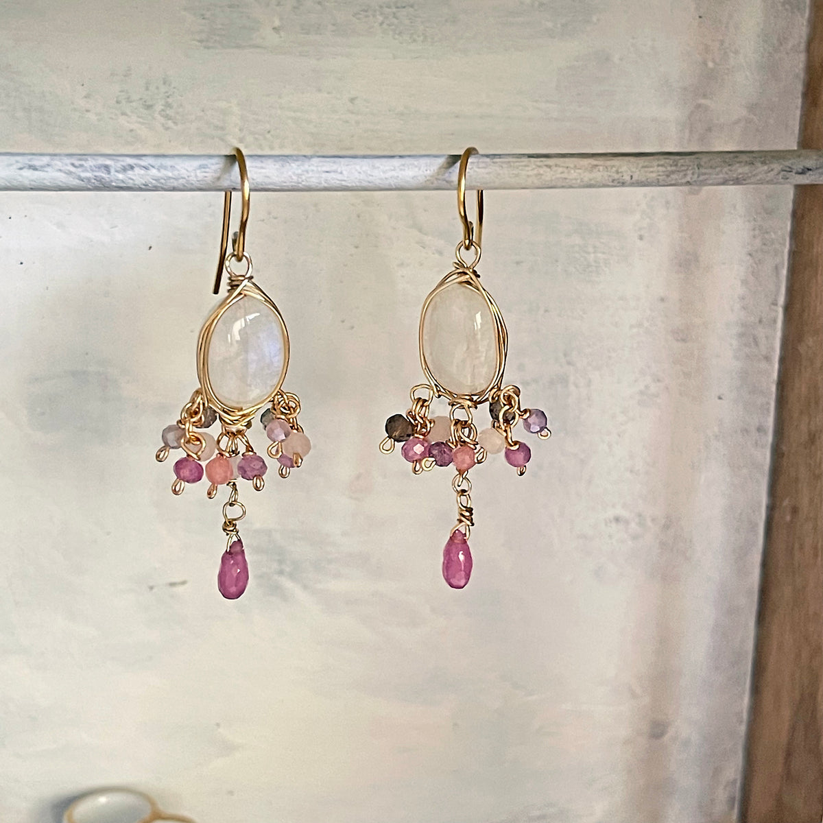 Rainbow Moonstone & Pink Sapphire Chandelier Earrings