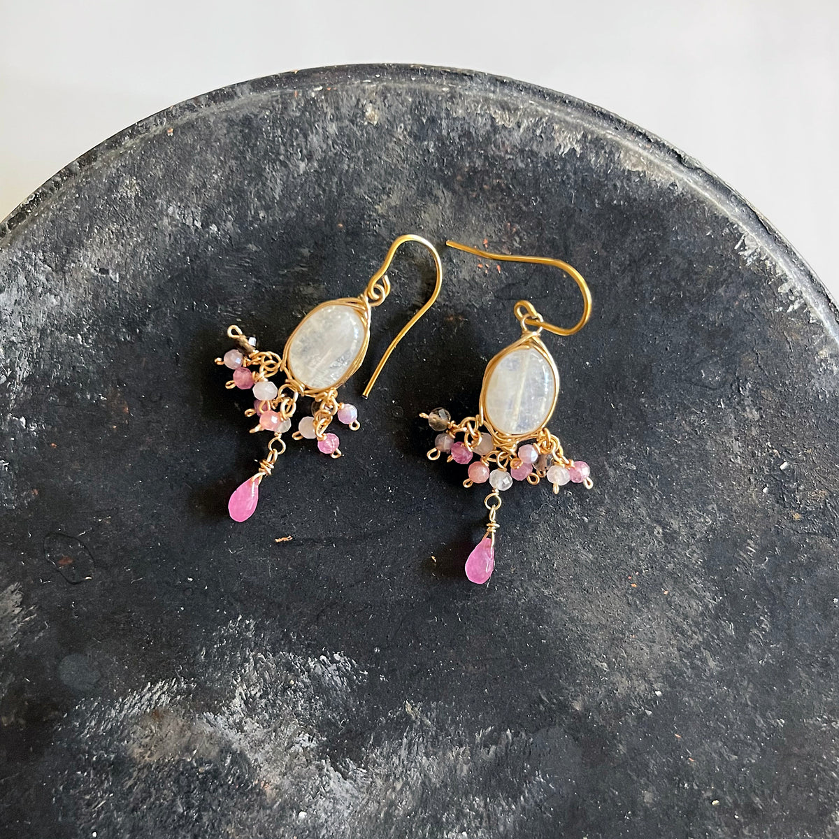 Rainbow Moonstone & Pink Sapphire Chandelier Earrings