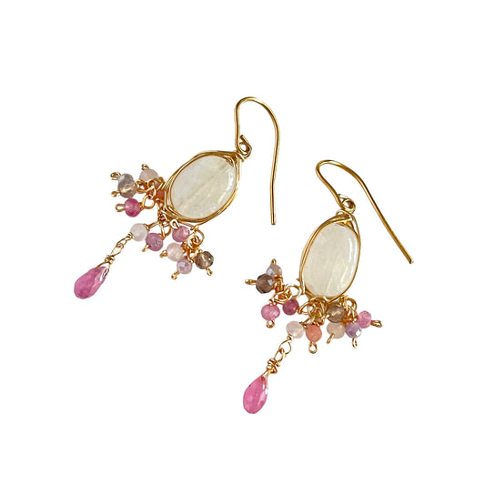 Rainbow Moonstone & Pink Sapphire Chandelier Earrings
