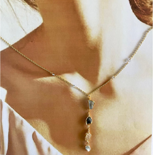 Ethereal Raw: Moss Aquamarine & Sapphire Wire-Framed Y-Necklace