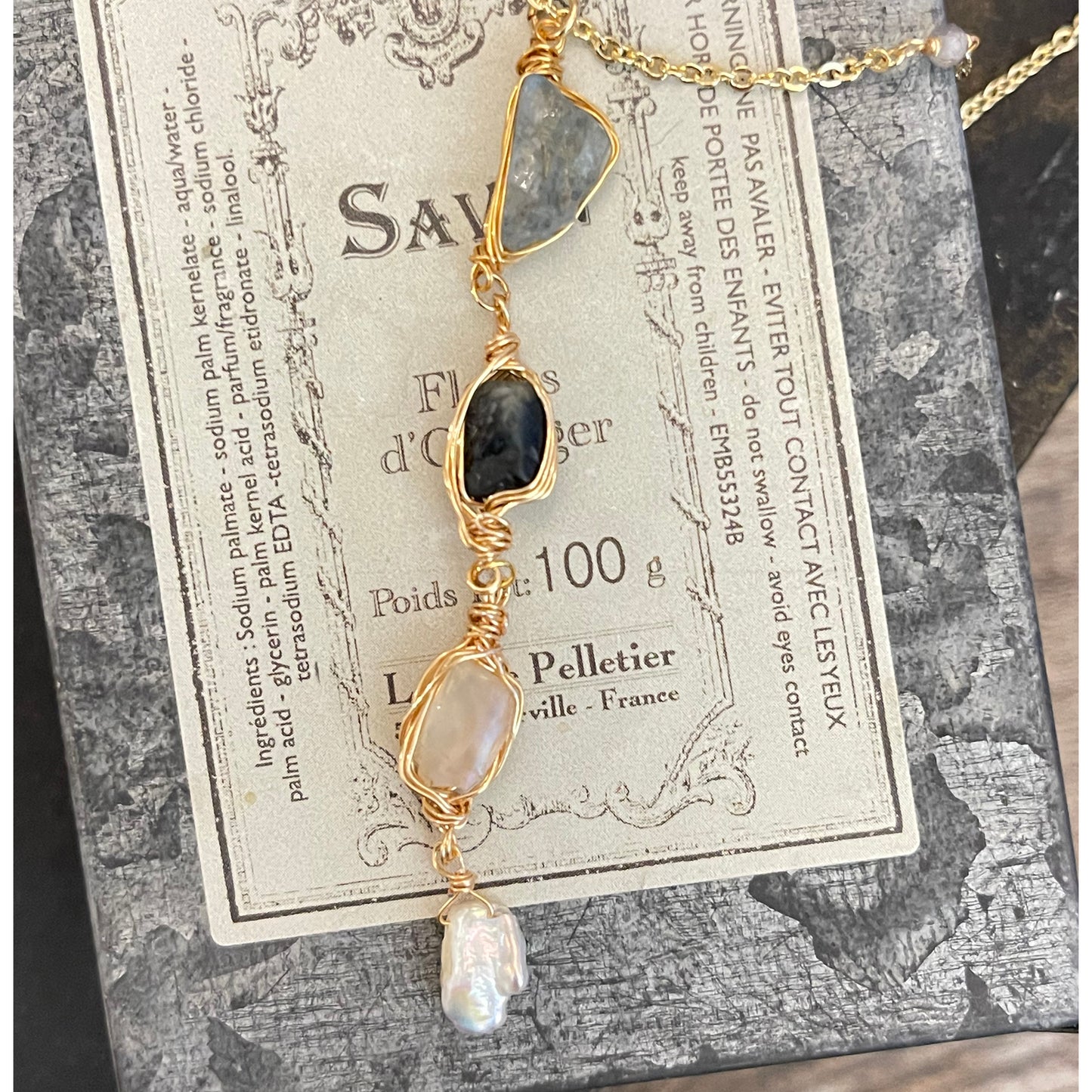 Ethereal Raw: Moss Aquamarine & Sapphire Wire-Framed Y-Necklace