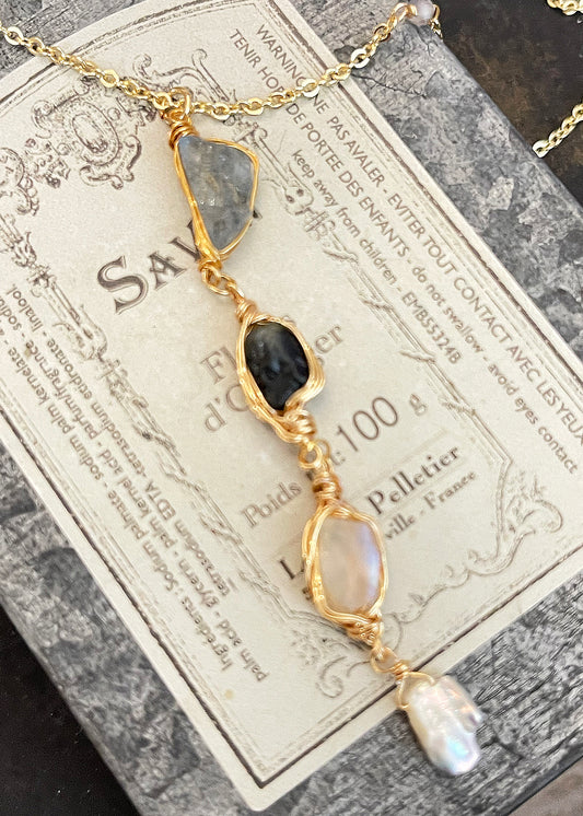 Ethereal Raw: Moss Aquamarine & Sapphire Wire-Framed Y-Necklace