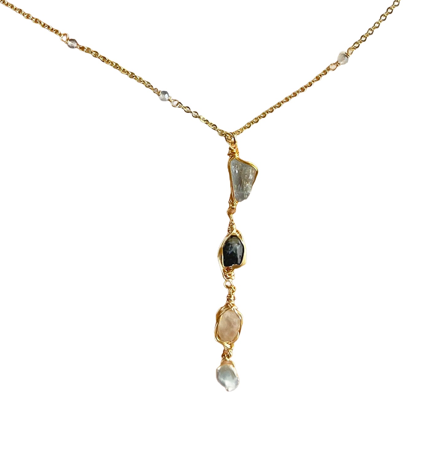 Ethereal Raw: Moss Aquamarine & Sapphire Wire-Framed Y-Necklace