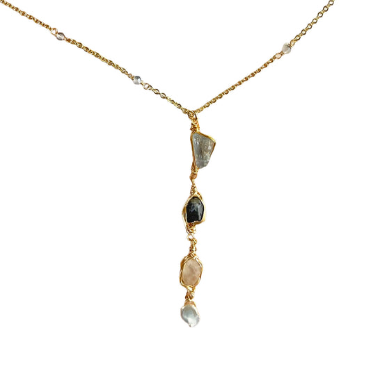 Ethereal Raw: Moss Aquamarine & Sapphire Wire-Framed Y-Necklace