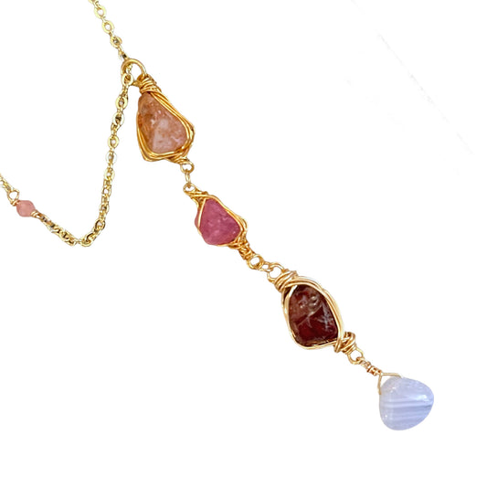 Ethereal Raw: Warm Horizon Sunstone & Pink Tourmaline Y-Necklace