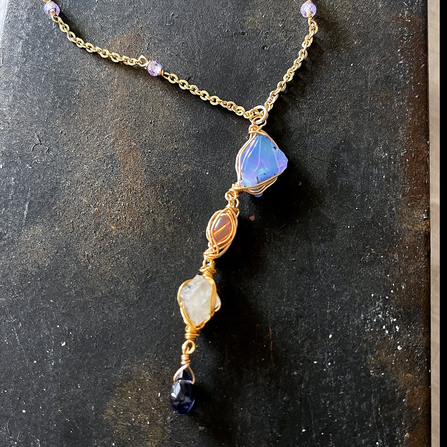 Celestial Shift Necklace: Blue Opal, Sunstone, Moonstone ＆Sapphire  Y-Necklace