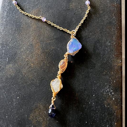 Celestial Shift Necklace: Blue Opal, Sunstone, Moonstone ＆Sapphire  Y-Necklace