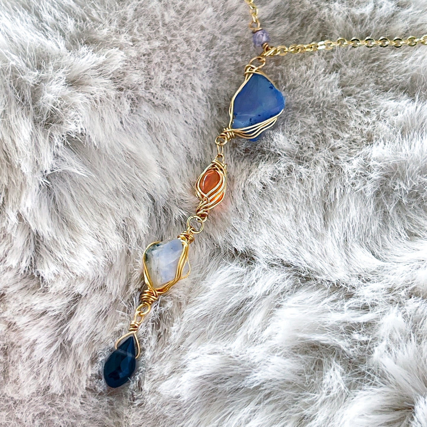 Celestial Shift Necklace: Blue Opal, Sunstone, Moonstone ＆Sapphire  Y-Necklace