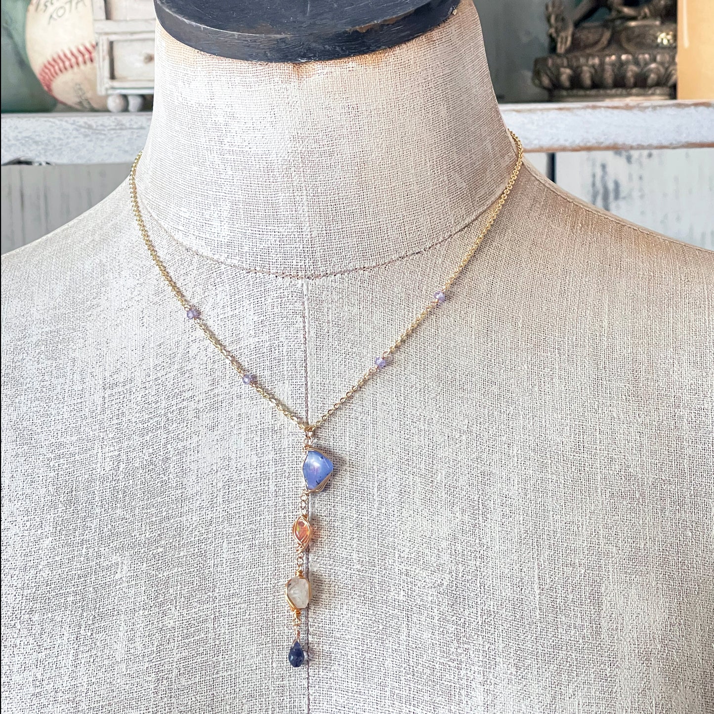 Celestial Shift Necklace: Blue Opal, Sunstone, Moonstone ＆Sapphire  Y-Necklace