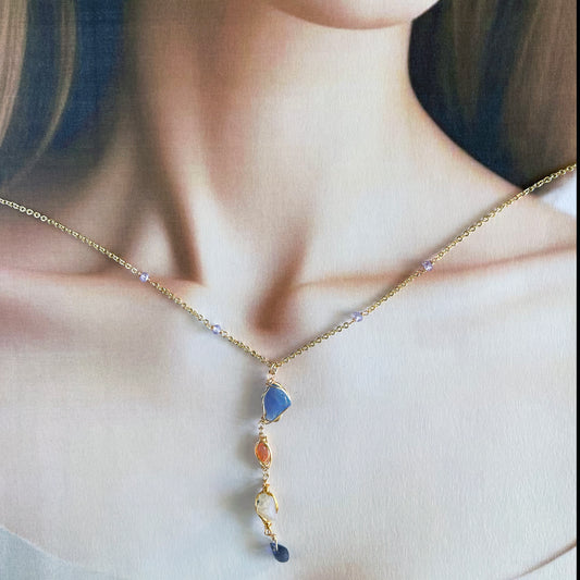 Celestial Shift Necklace: Blue Opal, Sunstone, Moonstone ＆Sapphire  Y-Necklace
