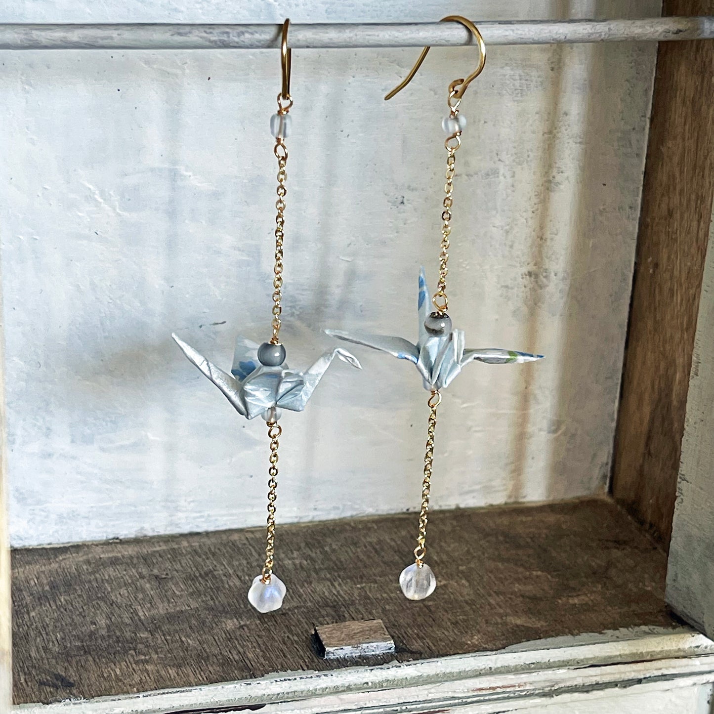Pale Blue Origami Crane & Minimalist Chain Drop Earrings