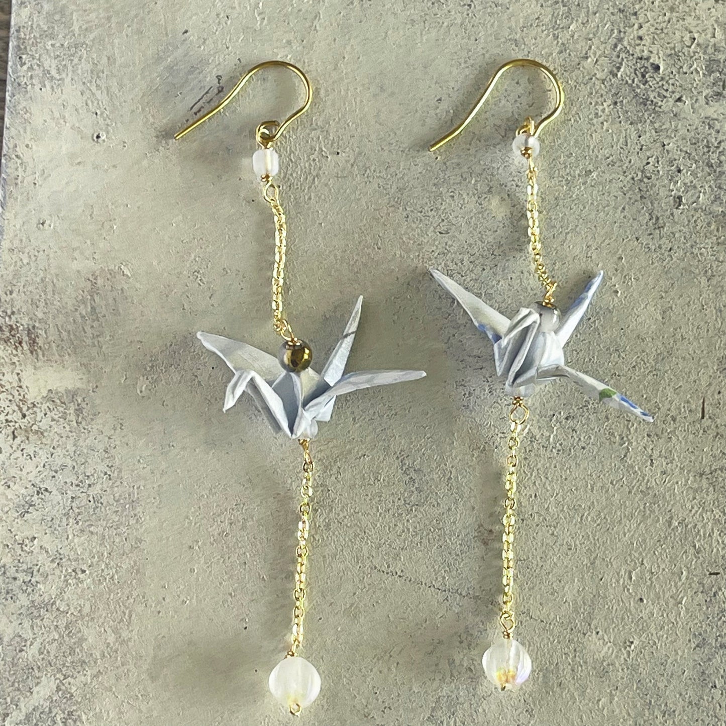 Pale Blue Origami Crane & Minimalist Chain Drop Earrings