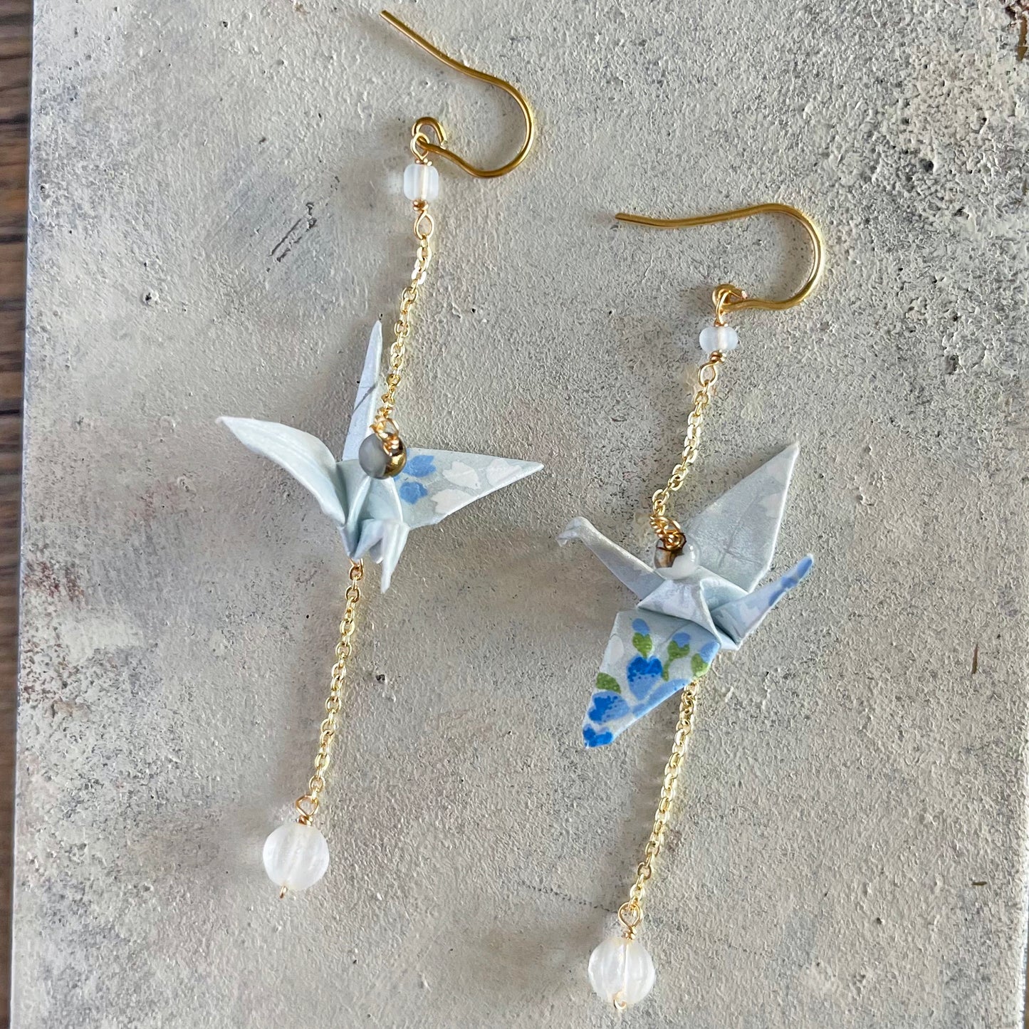Pale Blue Origami Crane & Minimalist Chain Drop Earrings