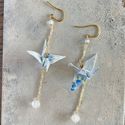 Pale Blue Origami Crane & Minimalist Chain Drop Earrings