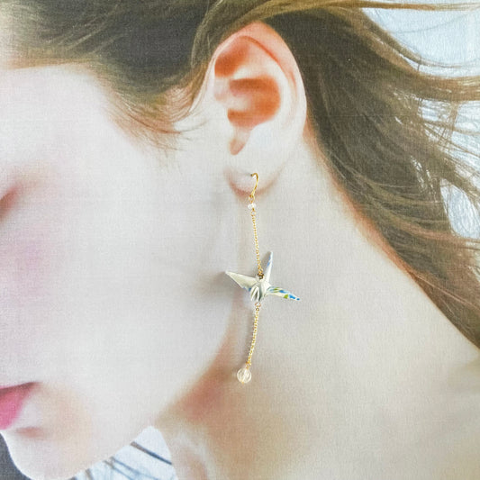 Pale Blue Origami Crane & Minimalist Chain Drop Earrings