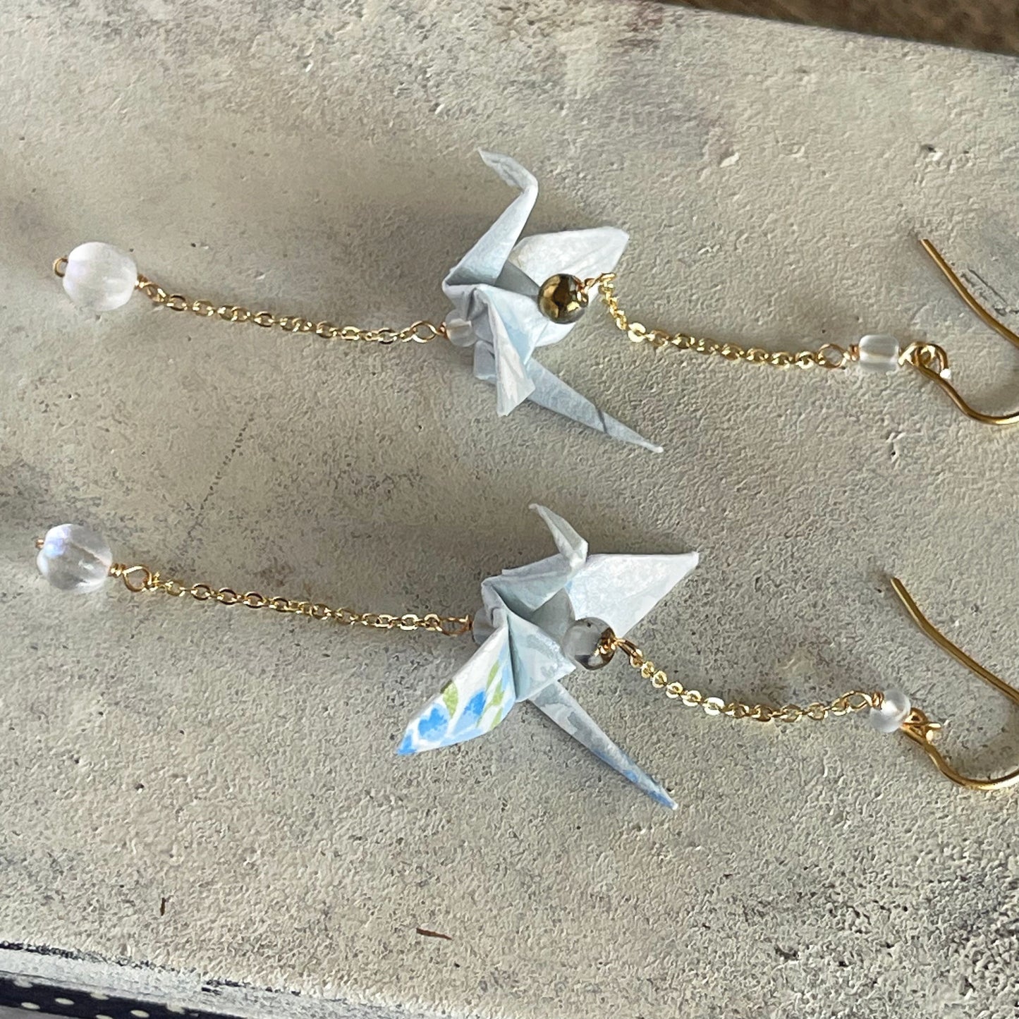 Pale Blue Origami Crane & Minimalist Chain Drop Earrings