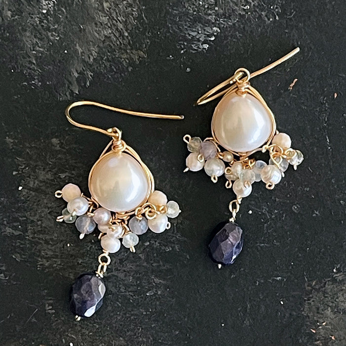 Moonlit Ocean: Baroque Pearl & Dark Blue Sapphire Earrings