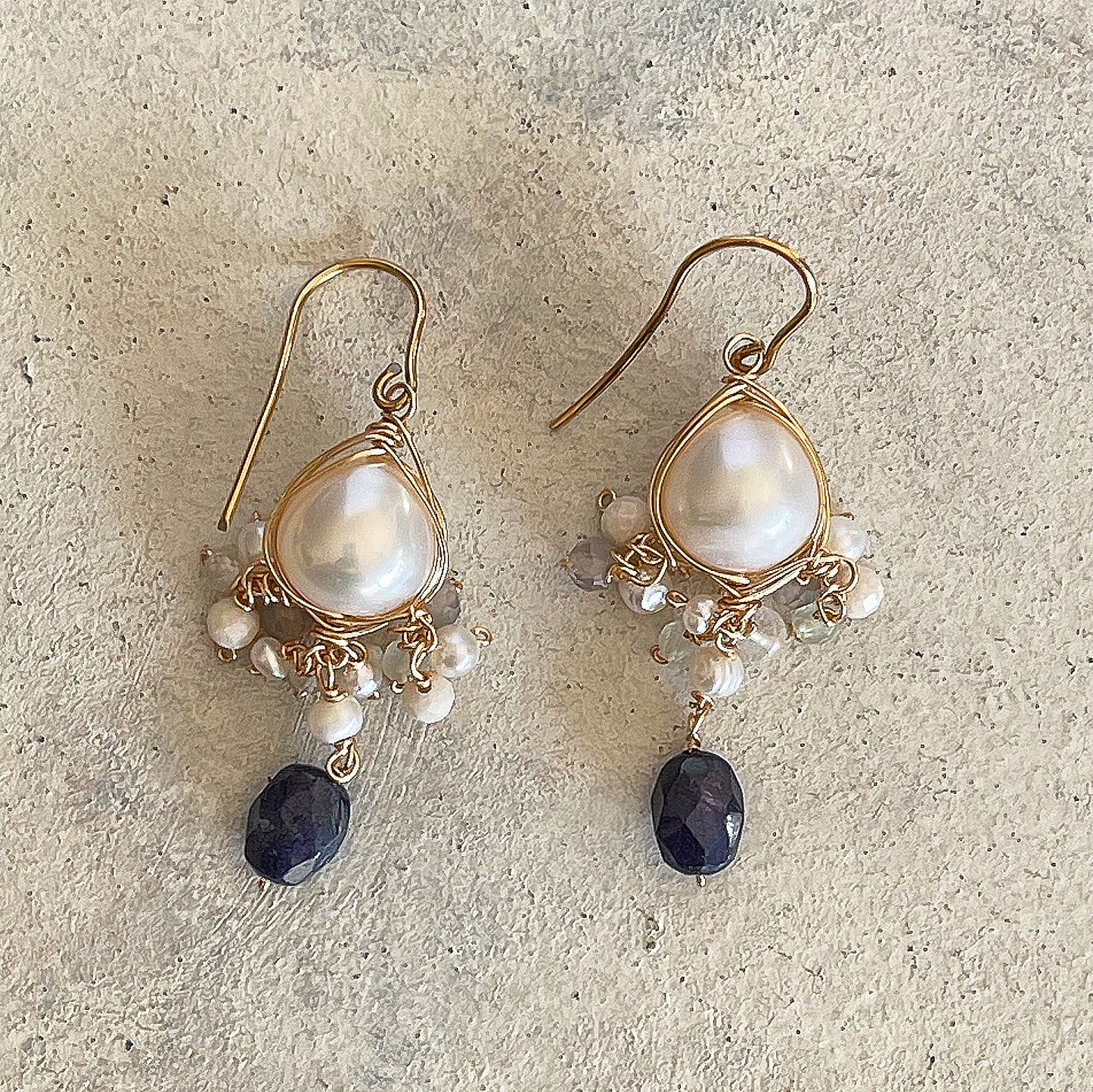 Baroque pearl and dark blue sapphire chandelier earrings